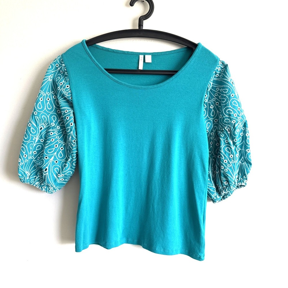 Womens Teal Puff Sleeve Y2K Eyelet Embroidered Top S Fairy Boho Festival Cottage